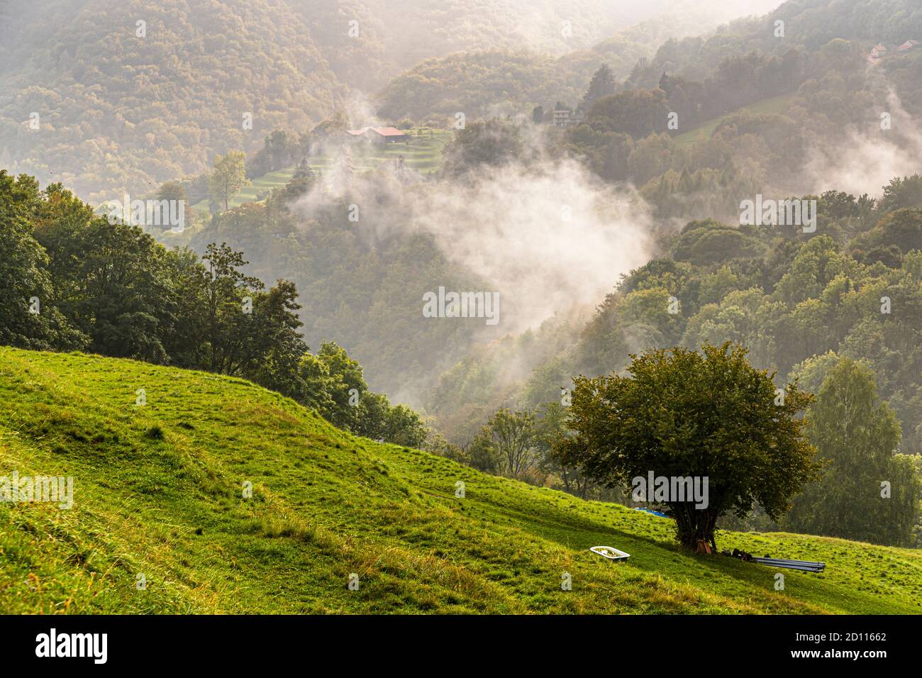 Paysage culturel centenaire: La Valle di Muggio a de nombreux noms: 'Toscane de la Suisse', 'Paysage de l'année 2014', 'la vallée la plus méridionale du Tessin'.Impressions dans la vallée du Tessin Muggio, Breggia, Suisse Banque D'Images