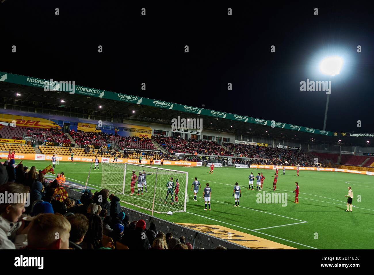 Match de football, entre le FC Nordsjælland et Aarhus Gymnastikforening (AGF), pour la Superliga danoise, le championnat national de football Banque D'Images