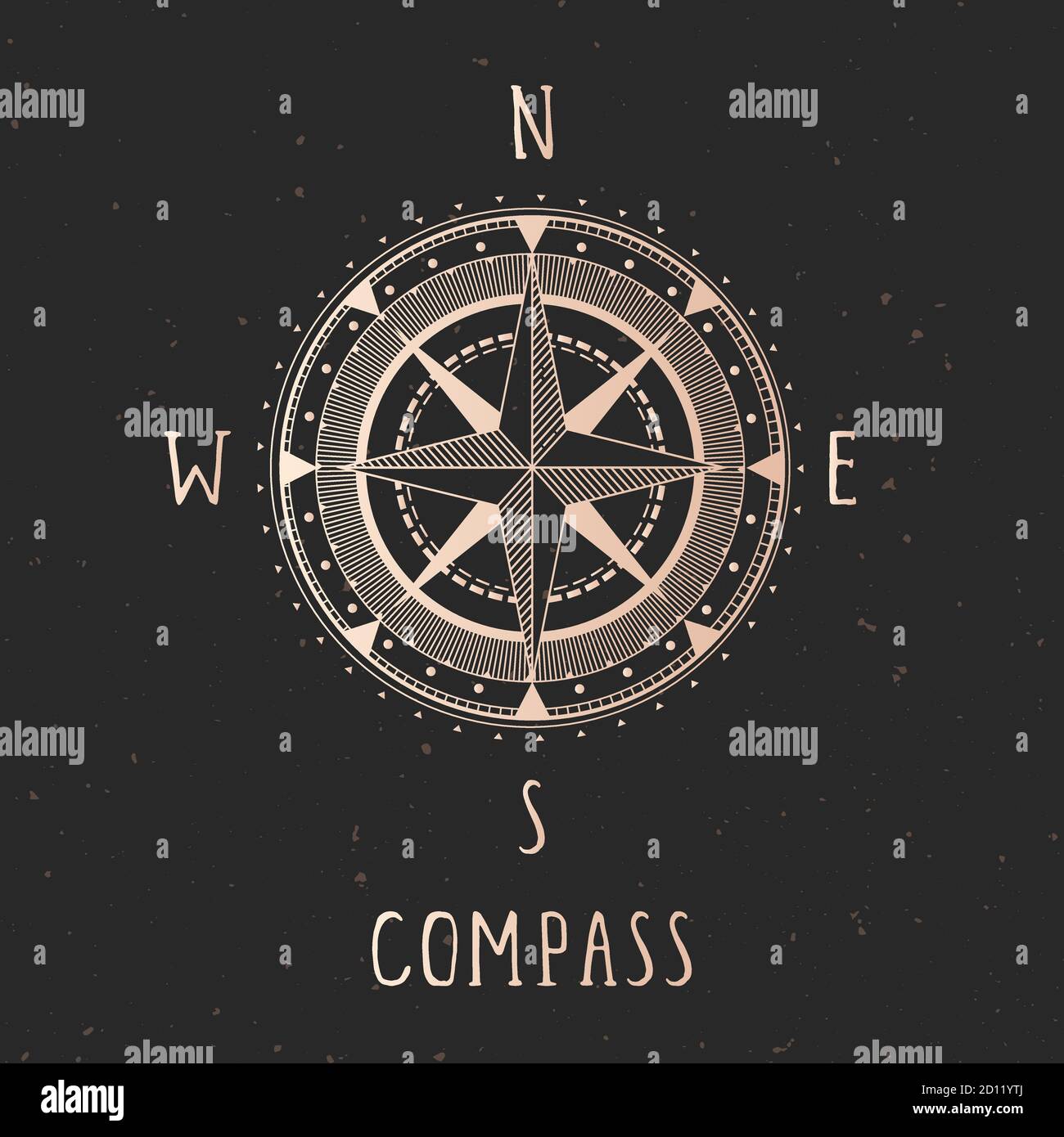 Illustration vectorielle avec compas or ou rose vent et cadre sur fond sombre. Avec les directions de base Nord, est, Sud et Ouest. Illustration de Vecteur