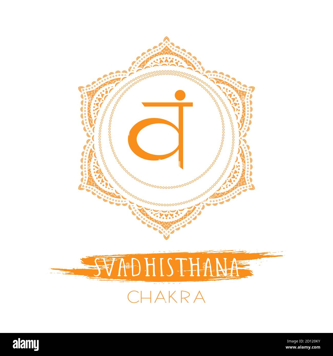 Illustration vectorielle avec le symbole Svadhishana - chakra sacré et élément aquarelle sur fond blanc. Entourez le motif de mandala et la lettre dessinée à la main Illustration de Vecteur