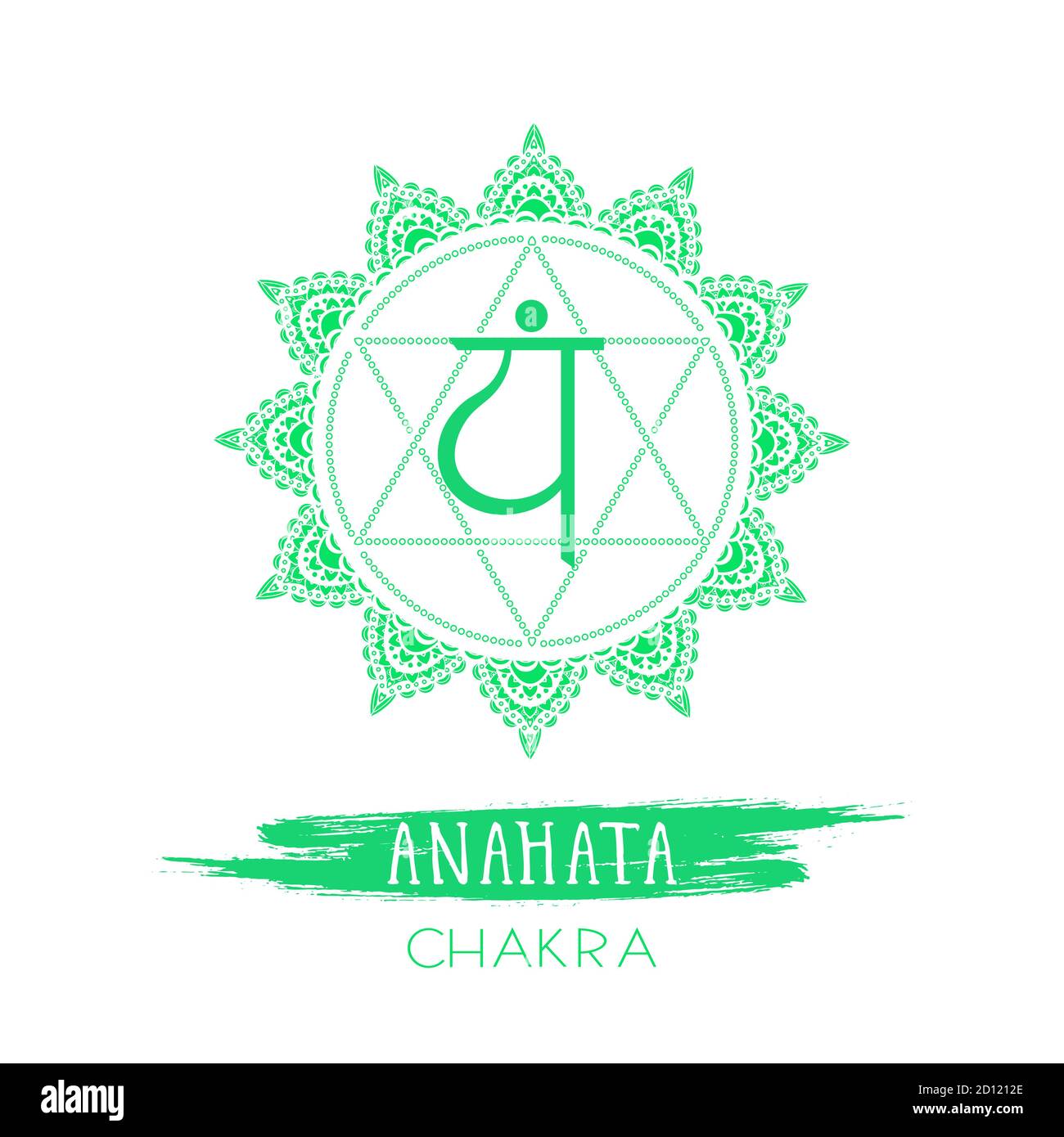 Illustration vectorielle avec symbole anahata - chakra coeur et élément aquarelle sur fond blanc. Entourez le motif de mandala et le lettrage dessiné à la main. Co Illustration de Vecteur