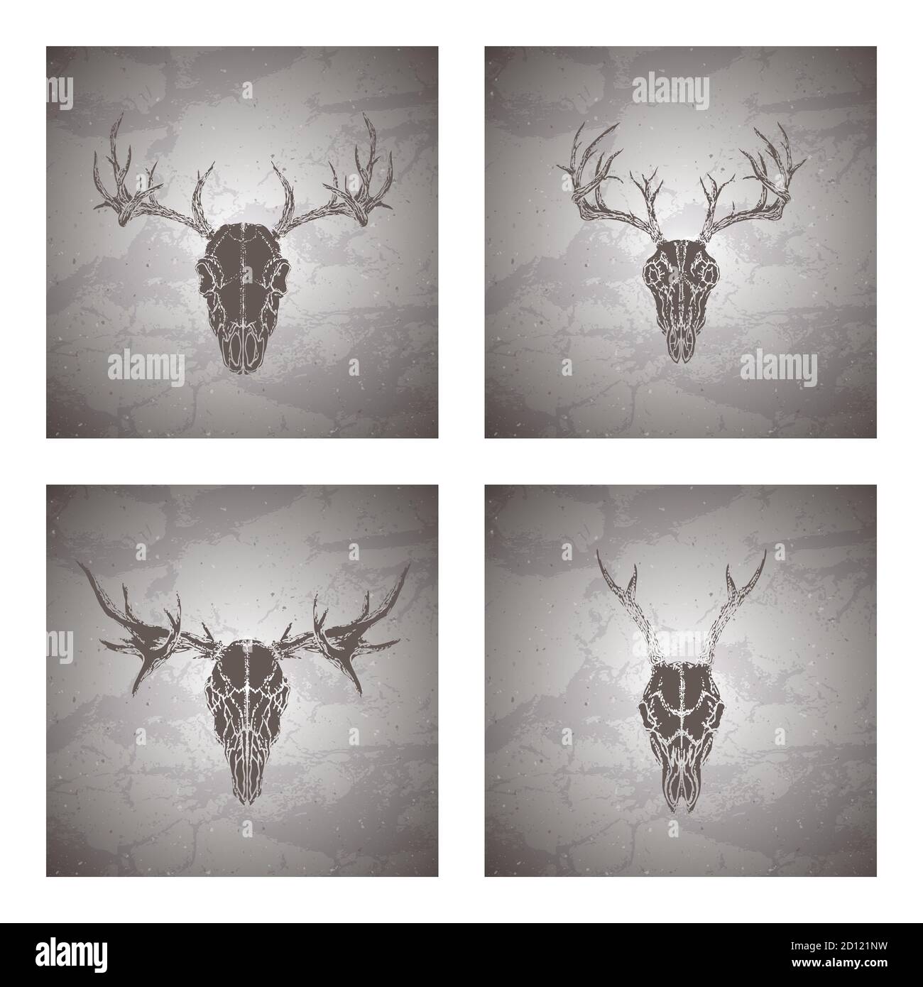 Ensemble de quatre illustrations vectorielles avec silhouettes dessinées à la main, crânes, cerf, orignal et cerf sur fond de grunge vintage. Esquisse de couleur foncée. Sketc Illustration de Vecteur