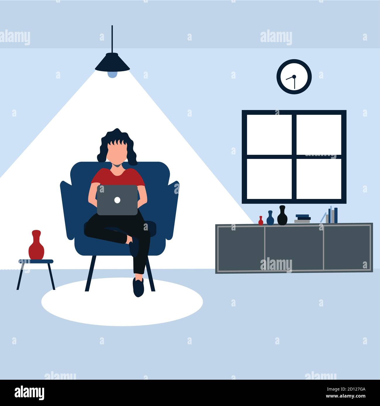 en vacances avec son ordinateur portable, une femme s'assoit sur son canapé préféré à la maison - illustrations de dessins animés colorés Illustration de Vecteur