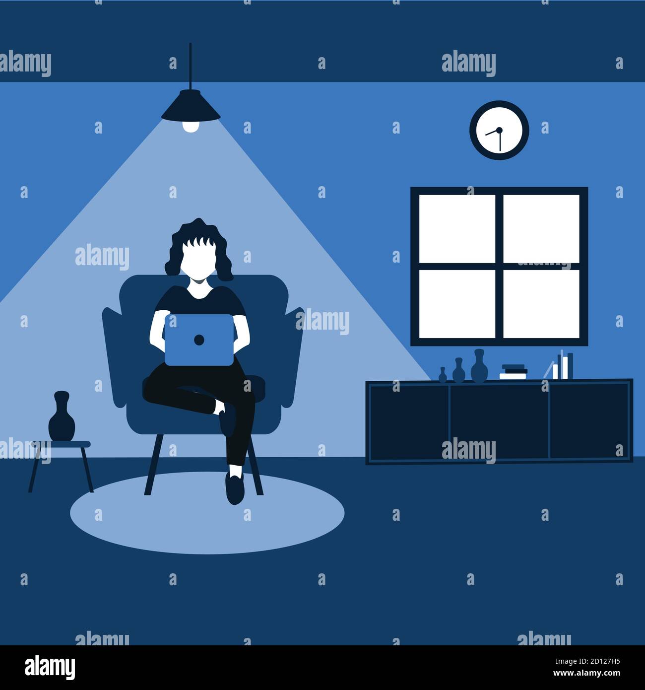 en vacances avec son ordinateur portable, une femme s'assoit sur son canapé préféré à la maison - illustrations de dessins animés à deux tons Illustration de Vecteur