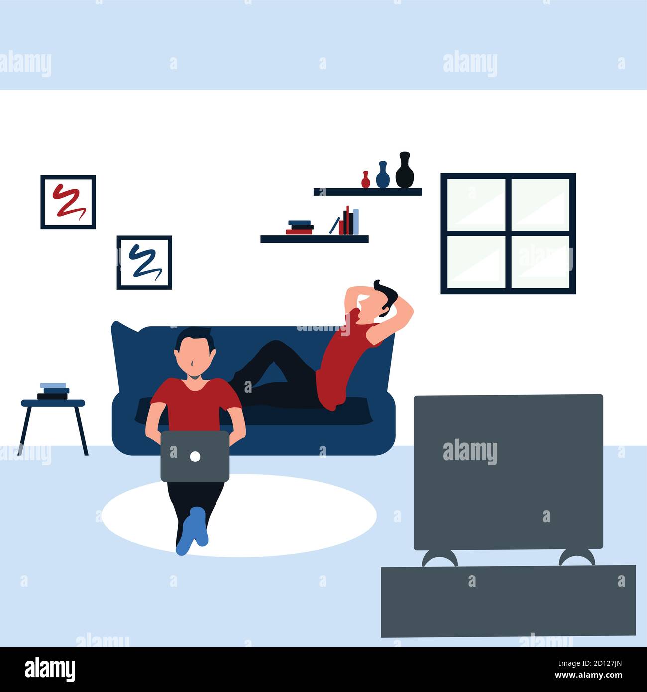 deux personnes surfant sur internet avec son ordinateur portable et regardant la télévision - illustrations de dessins animés plats colorés Illustration de Vecteur