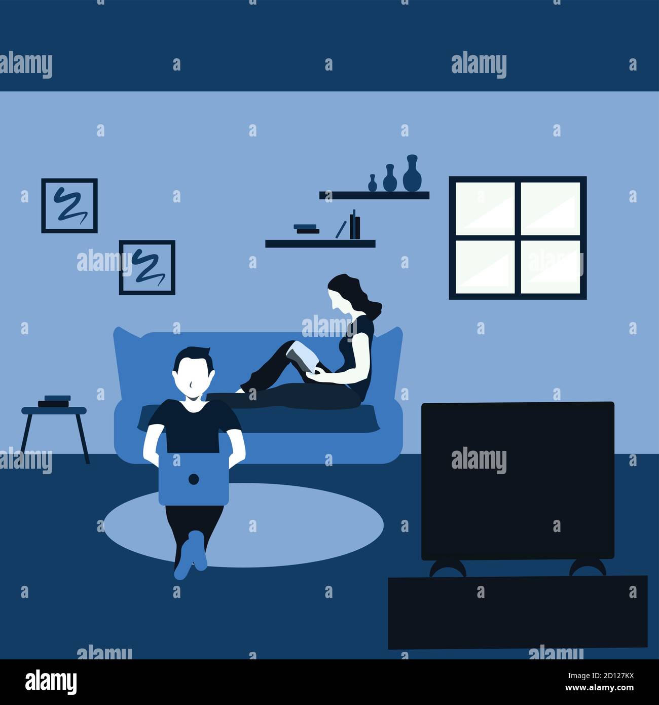 un homme surfant sur internet avec son ordinateur portable et une femme lecture d'un livre - illustrations de dessins animés à deux tons Illustration de Vecteur