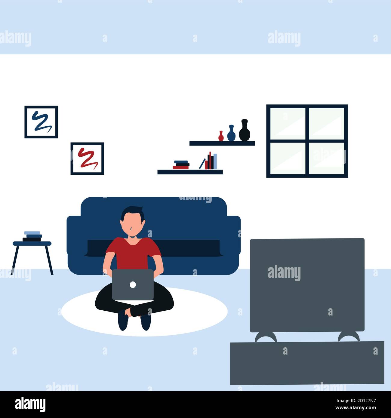 apprenant et regardant une télévision, un jeune homme s'assoit tranquillement sur un tapis dans son salon préféré - illustrations de dessins animés colorés Illustration de Vecteur