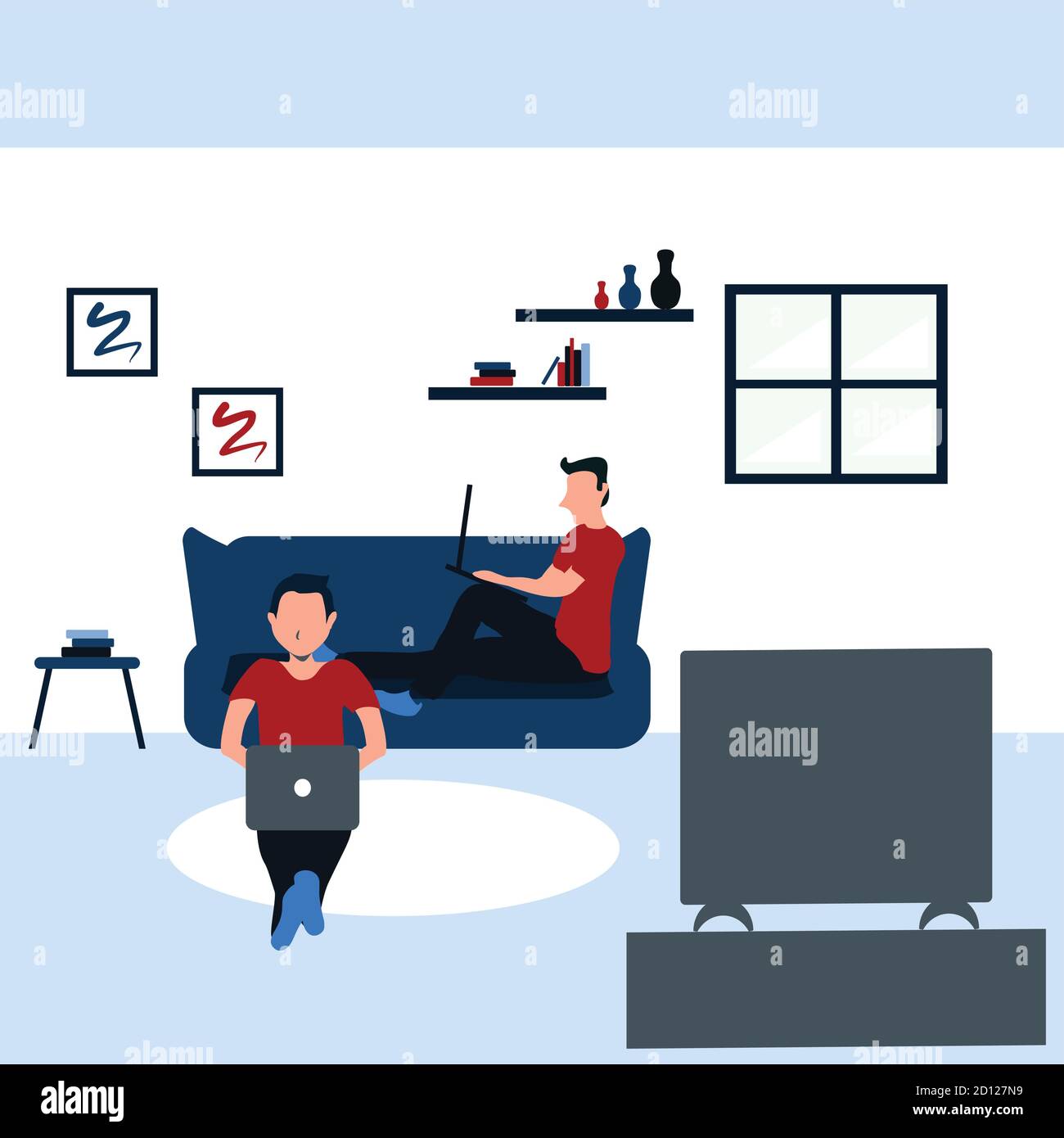deux personnes surfent sur internet avec leur ordinateur portable et regardent la télévision - illustrations de dessins animés plats colorés Illustration de Vecteur