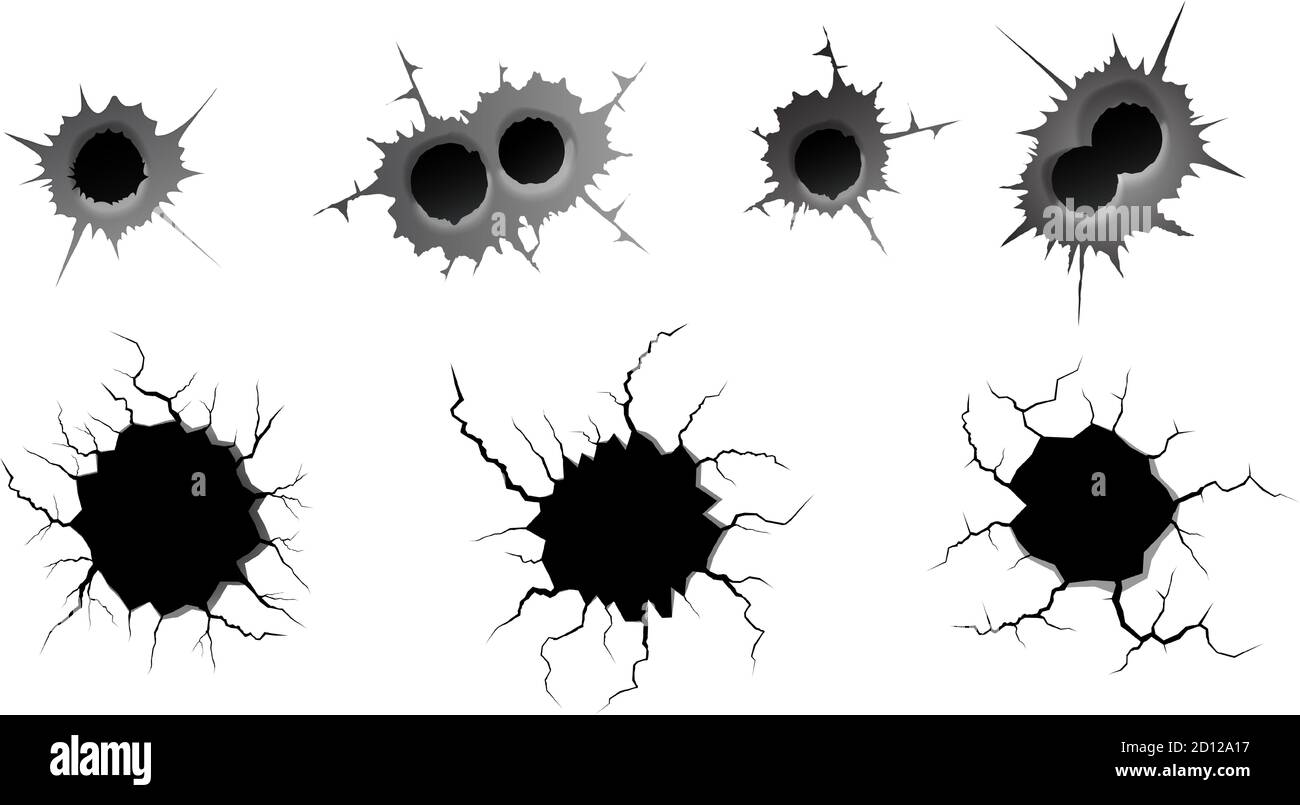 Jeu de trous de balle et de fissures de masse. Trou cylindrique simple et double en métal, effet de dommage. Tremblement de terre et fissures de terre, craquelure et texture de mur endommagée. Illustrations vectorielles pour les sujets tremblement de terre, accident, destruction Illustration de Vecteur