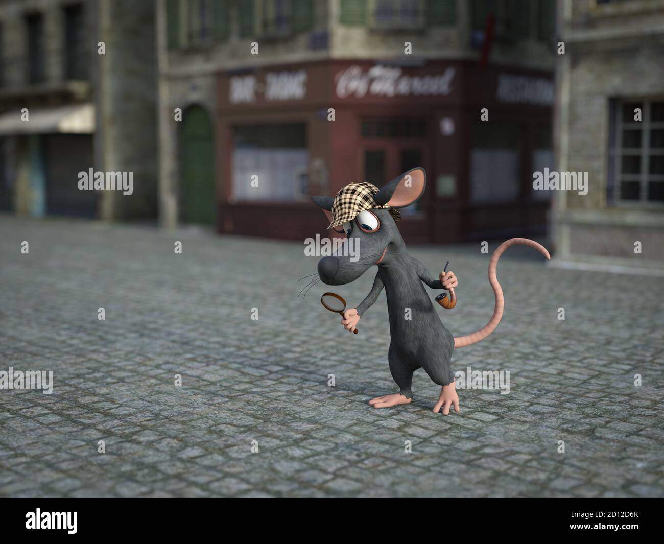 Rendu en 3D d'une jolie souris de dessin animé souriante tenant une loupe et un tuyau, habillé comme le détective Sherlock Holmes. Examiner quelque chose dans la str Banque D'Images