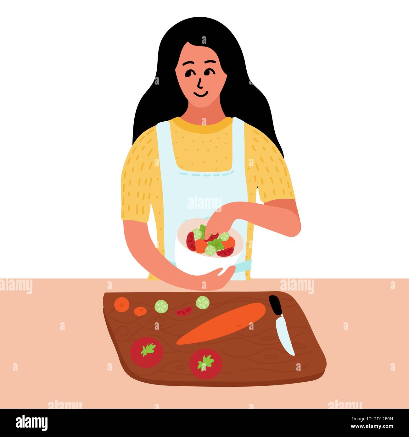 Blogueur de nourriture avec planche à découper isolée. Le chef cuisinier prépare une salade. Cuisez des aliments sains à la maison. Repas faits maison. Illustration vectorielle. Illustration de Vecteur