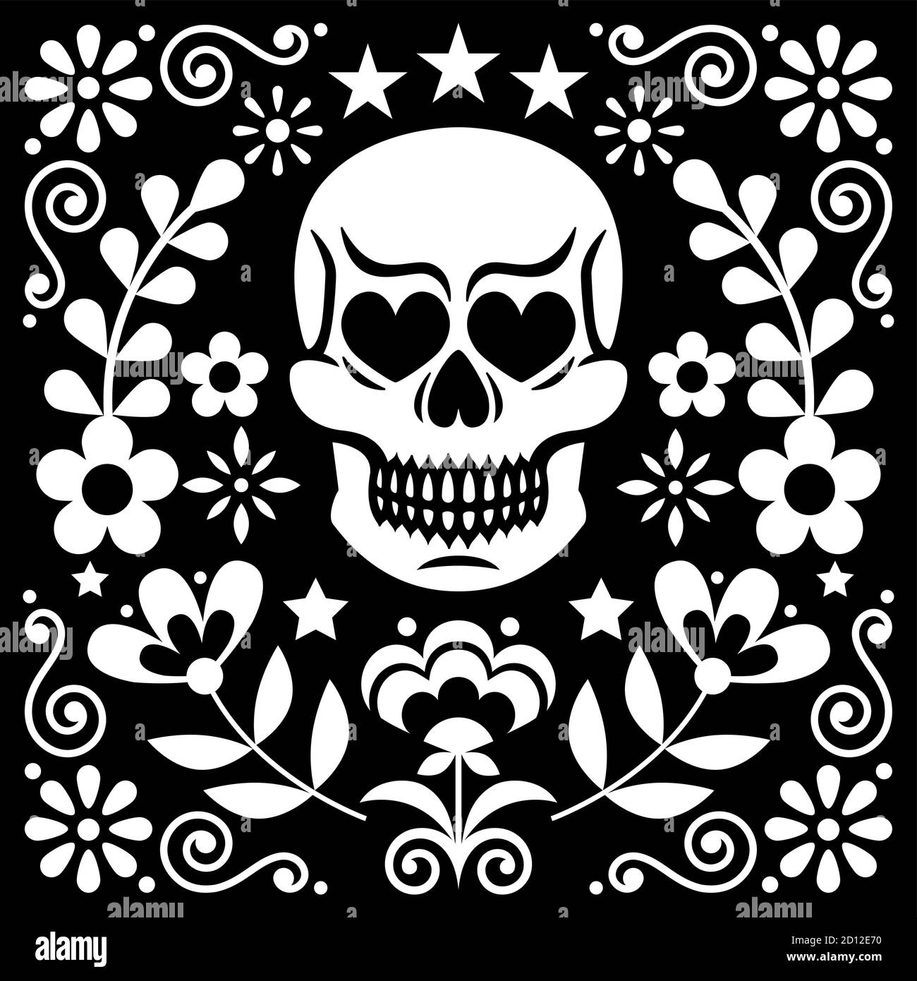 Motif mexicain de fleurs et de têtes de mort, Halloween blanche et décoration florale Day of the Dead sur noir - style folklorique Illustration de Vecteur