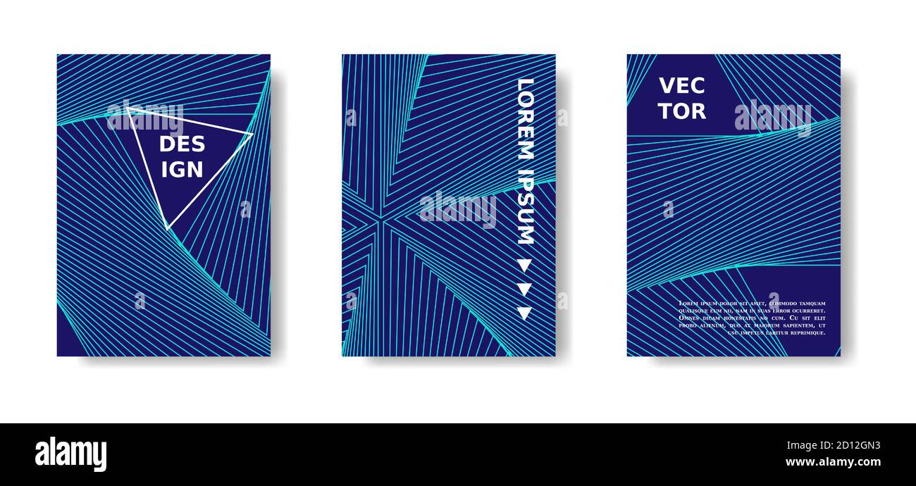 Ensemble d'affiches géométriques minimal. Couvercle bleu et néon avec lignes. Catalogue Vector A4, magazine, kit de couverture futuriste. Illustration de Vecteur
