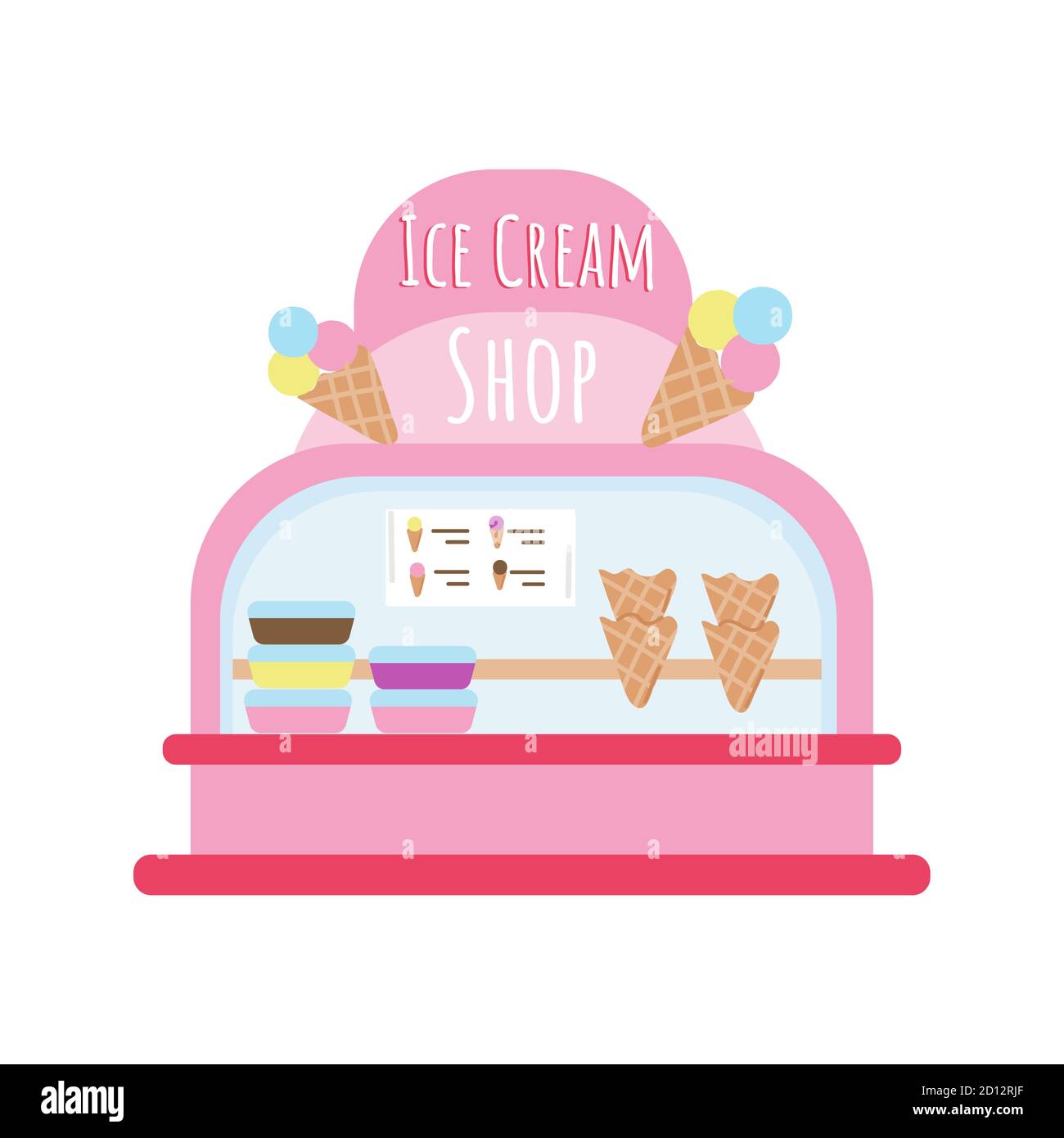 Boutique de glaces de style plat. Joli bâtiment rose décoré de desserts sucrés. Quelques boîtes avec de la crème glacée colorée à l'intérieur de la boutique. Illustration vectorielle. Illustration de Vecteur