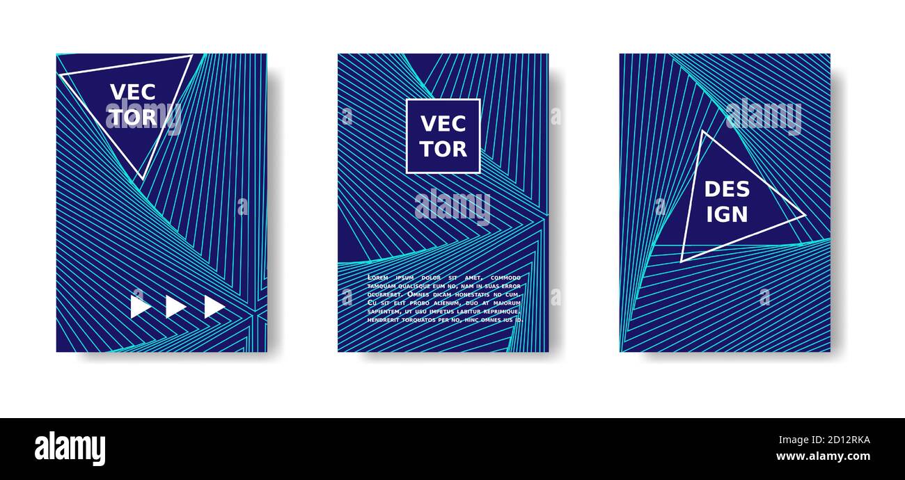 Couverture du rapport annuel. Ensemble d'affiches géométriques minimal. Couvercle bleu et néon avec lignes. Catalogue Vector A4, magazine, kit de couverture futuriste Illustration de Vecteur