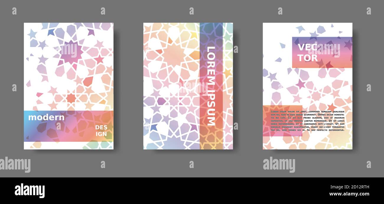Motif de couverture arc-en-ciel avec mosaïque arabe.ensemble d'affiches géométriques de désintégration. Catalogue A4 vectoriel, magazine, kit de couverture moderne Illustration de Vecteur