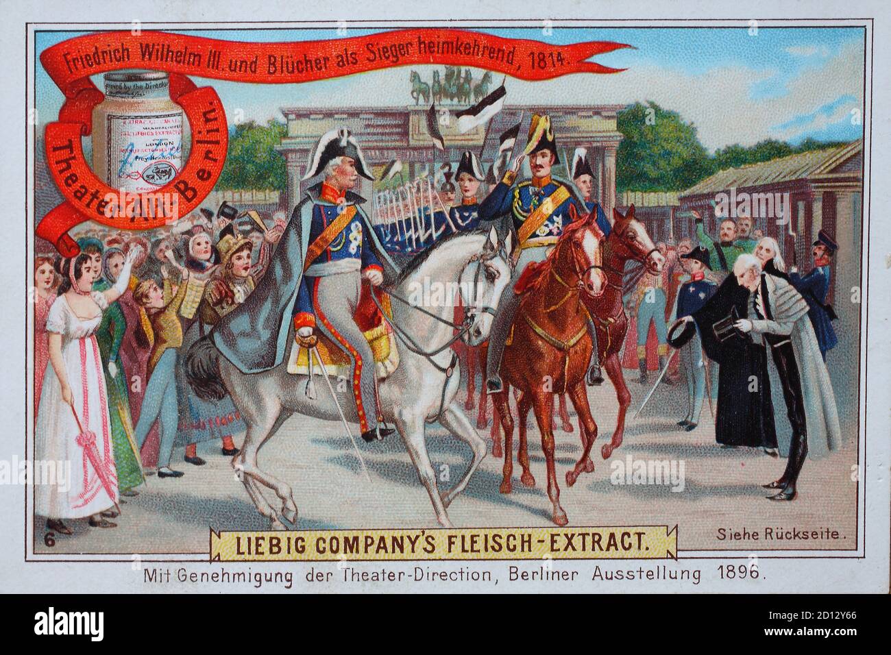 Photos série Theatre Alt-Berlin, Friedrich Wilhelm III. Et Blucher victorieux de retour à la maison en 1814 / Bilderserie Theatre Alt-Berlin, Friedrich Wilhelm III. Und Blücher als Sieger heimkehrend, 1814, reproduction numérique améliorée d'une image de collection de la société Liebig, estimée à 1900, pd / digital verbesserte Reproduktion eines Sammelbildes von ca 1900, gemeinfrei Banque D'Images