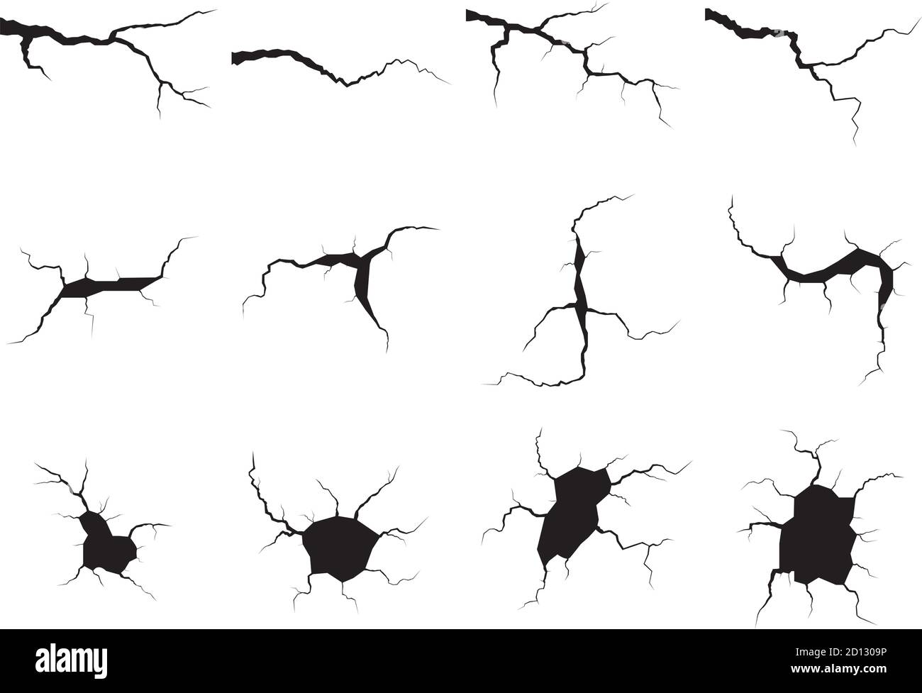 Jeu de fissures de masse. Tremblement de terre et fissures de terre, effet de trou, craquelure et texture de mur endommagée. Les illustrations vectorielles peuvent être utilisées pour les sujets tremblement de terre, accident, destruction Illustration de Vecteur
