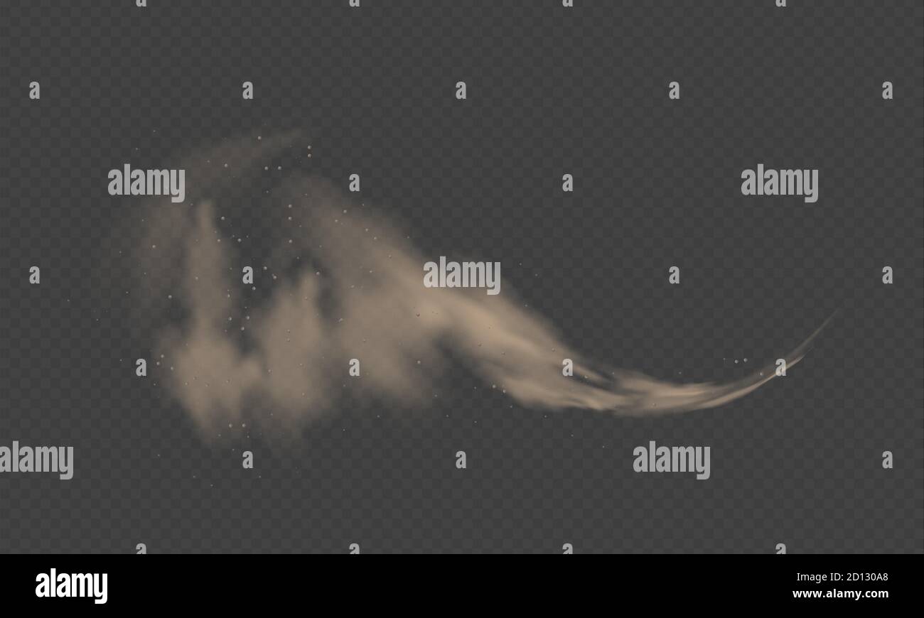 Nuage de poussière, tempête de sable, pulvérisation de poudre sur fond transparent. Vent du désert avec nuage de poussière et de sable. Illustration vectorielle réaliste Illustration de Vecteur