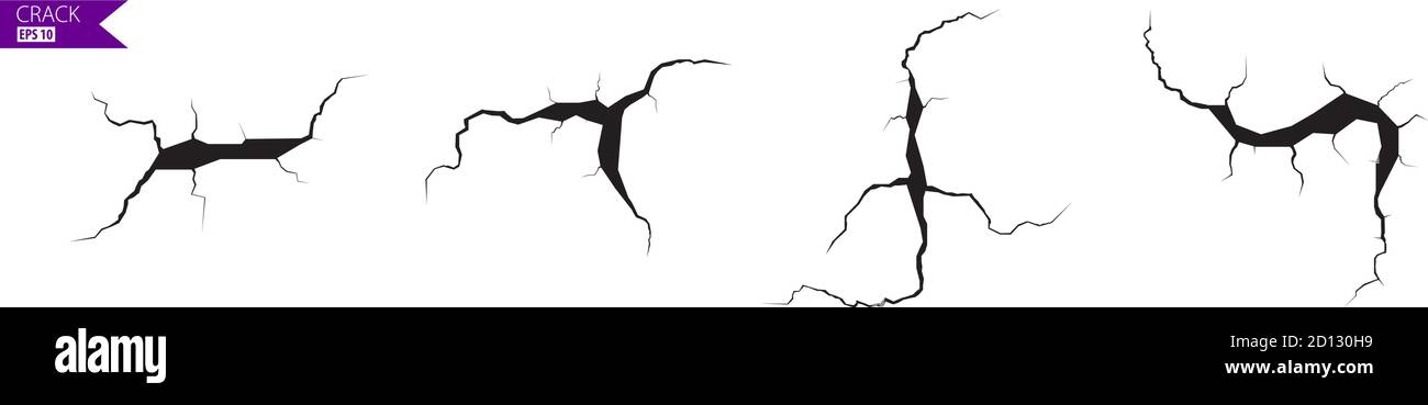 Jeu de fissures de masse. Tremblement de terre et fissures de terre, effet de trou, craquelure et texture de mur endommagée. Les illustrations vectorielles peuvent être utilisées pour les sujets tremblement de terre, accident, destruction Illustration de Vecteur