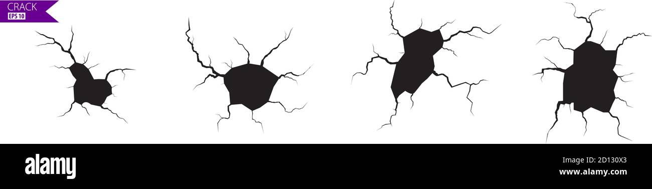 Jeu de fissures de masse. Tremblement de terre et fissures de terre, effet de trou, craquelure et texture de mur endommagée. Les illustrations vectorielles peuvent être utilisées pour les sujets tremblement de terre, accident, destruction Illustration de Vecteur
