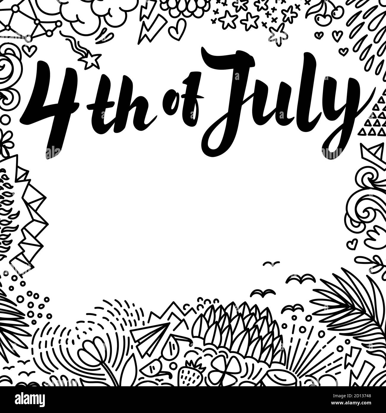 Illustration de l'affiche vectorielle du jour de l'indépendance. 4 juillet lettrage papier sur fond blanc avec gribouillages dessinés à la main. Modèle. Illustration de Vecteur