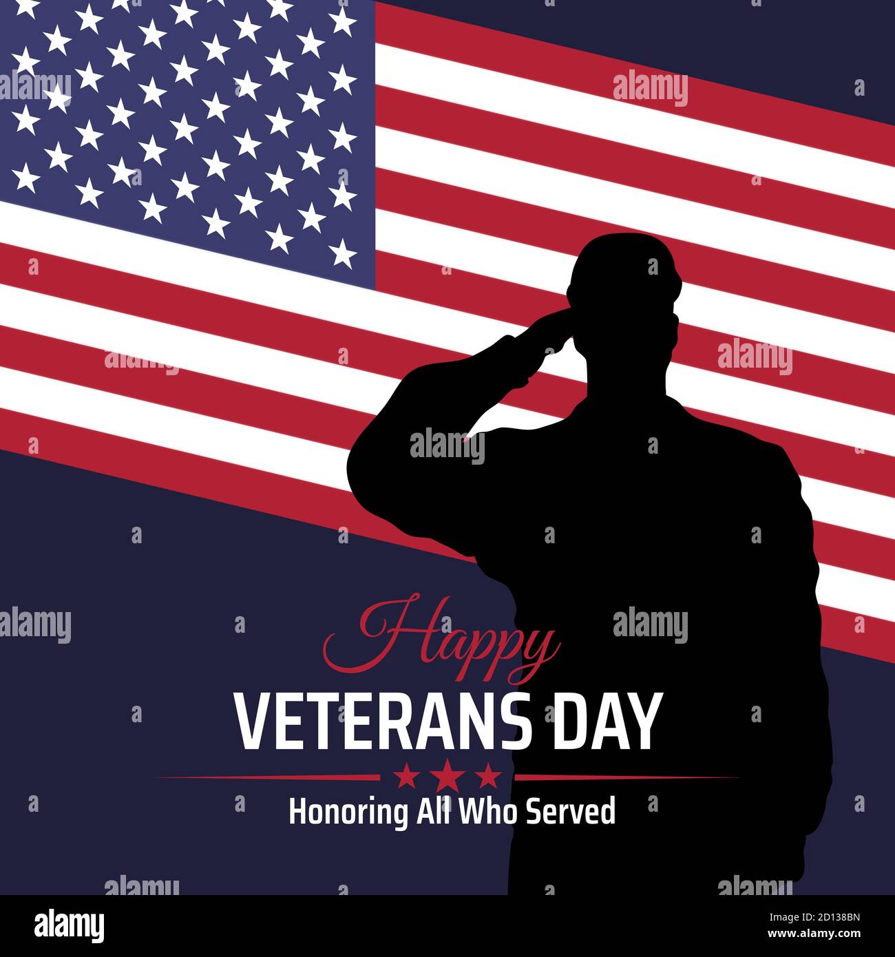 Bonne bannière de la journée des anciens combattants, silhouette d'un soldat vétéran de l'armée nous saluant sur fond de drapeau. JOURNÉE NATIONALE DES ÉTATS-UNIS le 11 novembre. Drapeau américain. Affiche Illustration de Vecteur