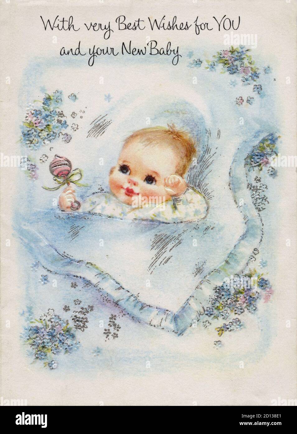 Vintage Meilleurs Voeux Pour Une Nouvelle Carte Bebe Vers 1962 Avec Une Illustration D Un Bebe Mignon Entoure De Fleurs Et Le Message Avec De Tres Meilleurs Voeux Pour Vous Et Votre Nouveau