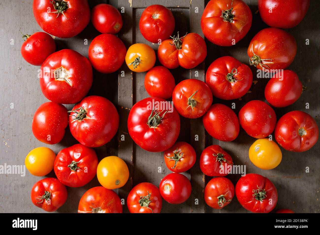 Variété de tomates fraîches mûres jardinage biologique différents types et couleurs avec de l'eau sur place old grey background. Mise à plat, de l'espace Banque D'Images