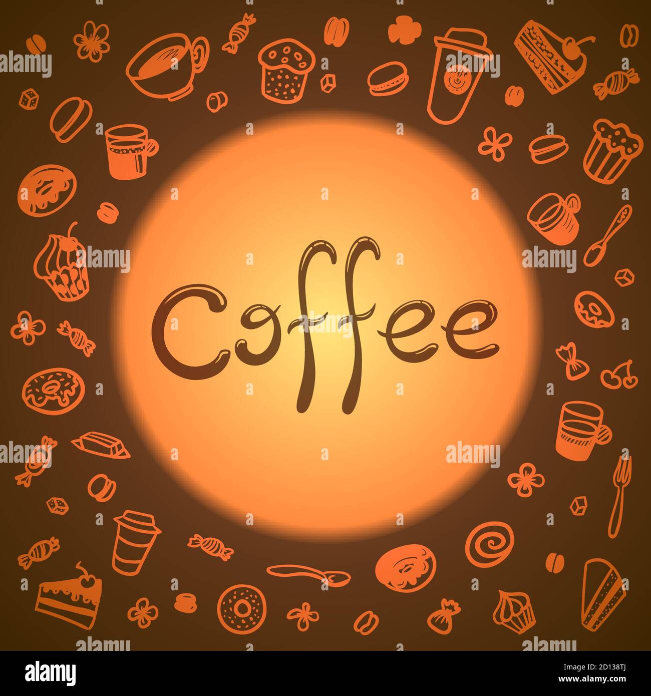 Arrière-plan avec un motif de tasses de café, de bonbons, de gâteaux et de délicieux beignets. Attributs du café couleur tracé à la main motif sans couture. Esquisse de café Illustration de Vecteur