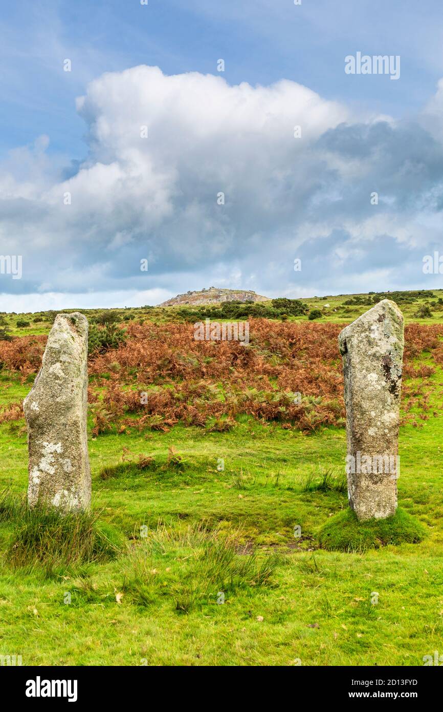 Pierres en bronze « The Pipers » à Minions sur Bodmin Moor, Cornwall, Royaume-Uni Banque D'Images