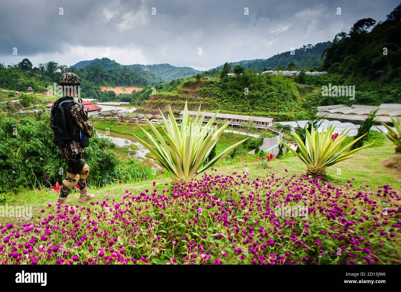 Vue arrière d'un soldat des forces spéciales asiatiques en uniforme de camouflage, casque protégé avec arme à feu dans les mains lors d'une patrouille de sécurité au-delà du jardin fleuri. Banque D'Images