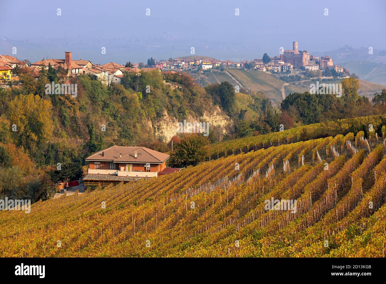 Vignobles d'automne sur les collines et petite ville médiévale en arrière-plan dans le Piémont, dans le nord de l'Italie. Banque D'Images