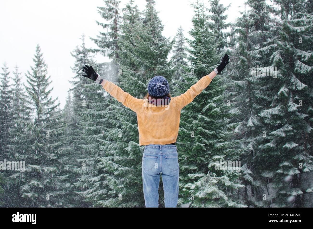 Fille regardant la vue sur la montagne portant un chapeau chaud et un chandail Banque D'Images