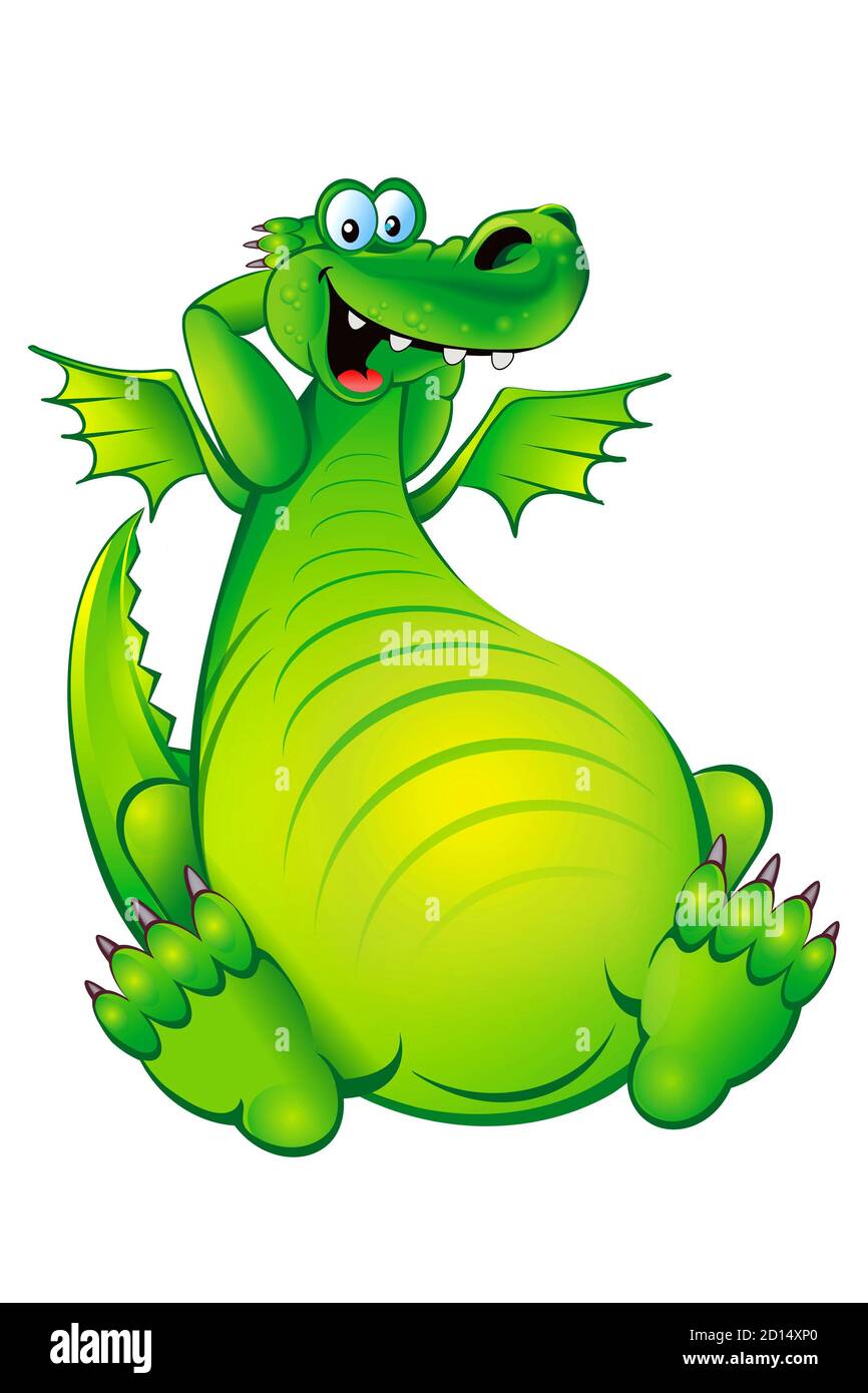 Drôle de dragon de dessin animé vert avec de petites ailes isolées sur l'illustration blanche. Banque D'Images