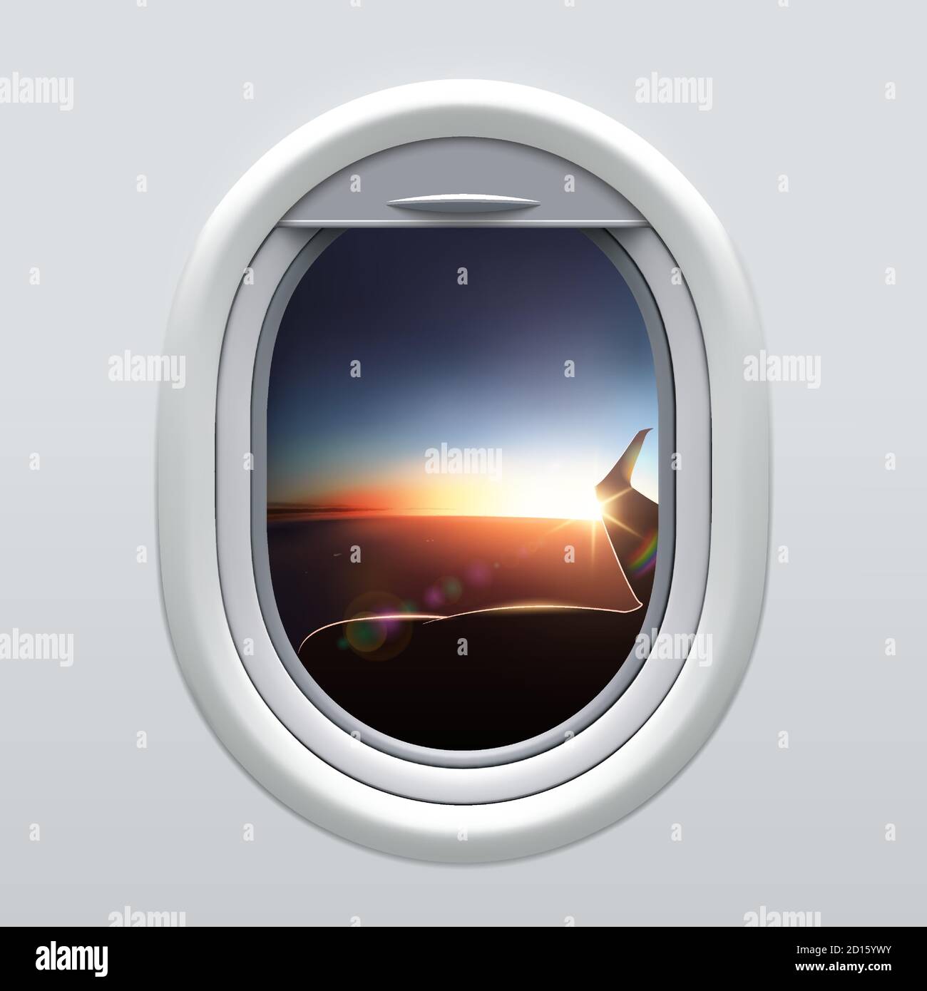 Vue de la fenêtre d'avion au ciel et à l'aile. Paysage de l'aube. Temps de déplacement. Hublot d'avion réaliste. Panorama haut au-dessus de la Terre sombre. Aile d'un avion survolant les nuages au coucher du soleil Illustration de Vecteur
