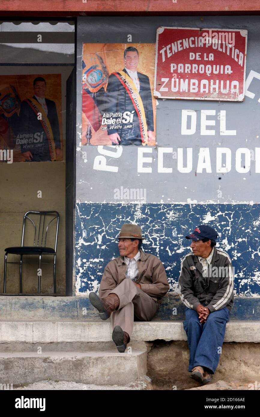 Zumbahua Indian Dwellers Sit In Front Of A Poster Of President Rafael Correa Encouraging Them To Vote Yes In The Upcoming Referendum On September 28 In Zumbahua 1 Km 75 Miles South