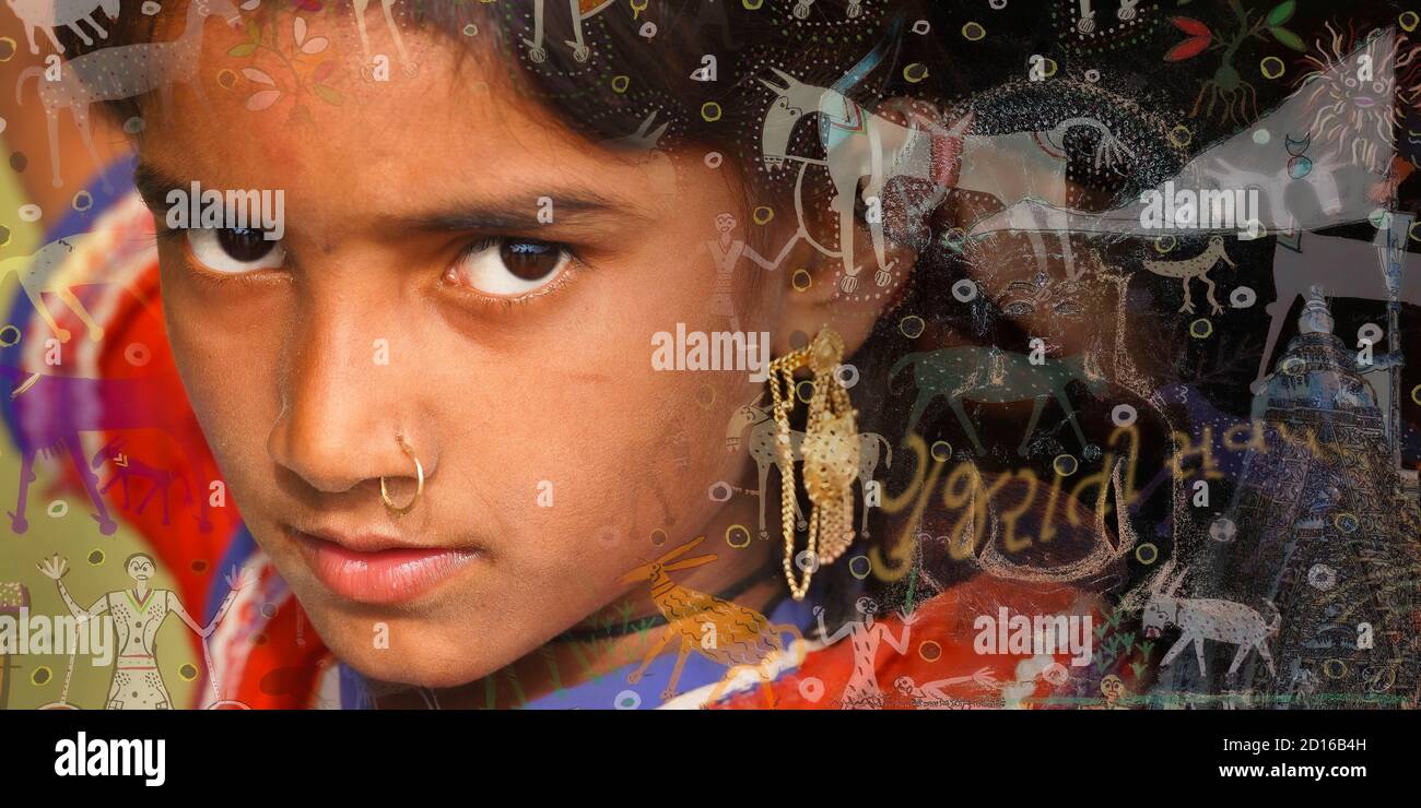 Inde, Gujarat, Bhuj, harijan teen portrait, série de composition photographique 'Voyage Dreams' représentant des personnes entourées par des éléments typiques de la Banque D'Images