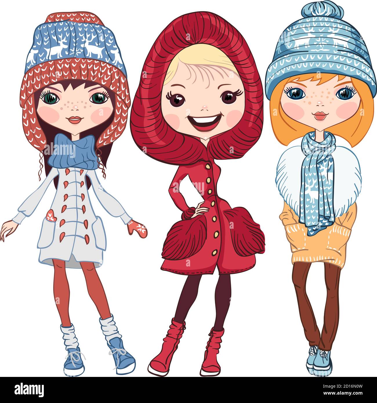 Ensemble de vêtements hipster fille dans un manteau, des chapeaux tricotés, des foulards et des moufles en hiver Illustration de Vecteur