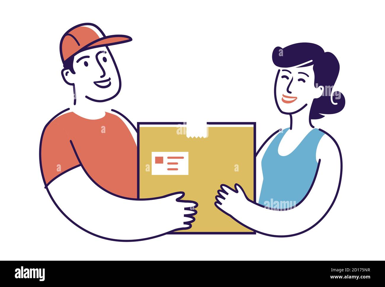 Le liveur remet la boîte au client. Illustration du vecteur de déplacement du symbole de service Illustration de Vecteur