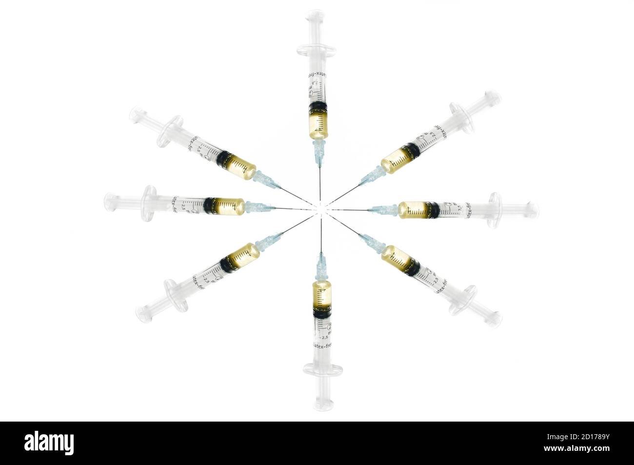 Seringues recherche du vaccin contre Covid-19.tous unis pointant vers le centre de la pandémie. Banque D'Images