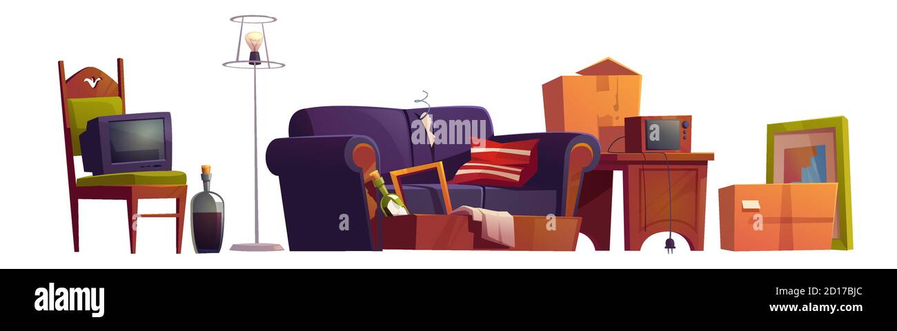 Mobilier ancien, boulot de chambres et bouteilles d'alcool, canapé cassé, chaise en bois avec téléviseur éteint ancien, boîtes en carton, radio rétro sur table et lampadaire en bois, illustration vectorielle de dessin animé, icônes Illustration de Vecteur