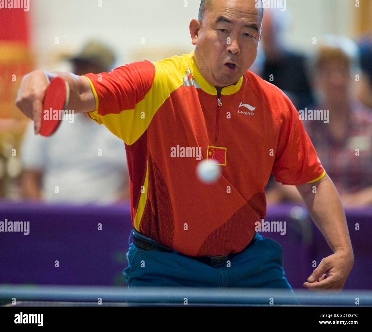 Former Chinese table tennis champion Liang Geliang warms up before an  exhibition game titled "American/Chinese Ping Pong Diplomacy: The Rematch",  at the Richard Nixon Presidential Library in Yorba Linda, California June  12,