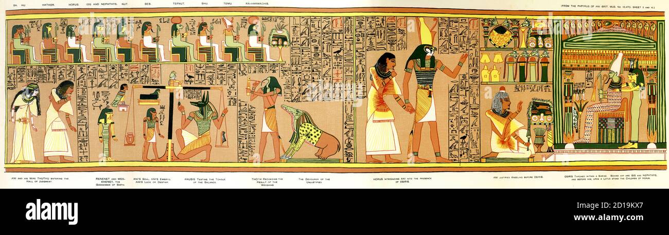 Pour les anciens Egyptiens, le Livre des morts raconte le chemin que les morts doivent suivre vers le monde souterrain. Cette image fait partie du livre qui appartenait au scribe Ani le Papyrus Ani, comme on l'appelle aujourd'hui le papyrus, date d'environ 1275-1250 avant JC, l'époque de la 19e dynastie pendant le Nouveau Royaume. À gauche se trouve le scribe Ani, qui apparaît ici, vêtu de blanc, avec sa femme, qui est également vêtue de blanc et elle tient un sistrum. Les deux sont montrés comme s'ils sont en présence des dieux qui les jugeront. Les trois figures en haut font partie du jury qui jugera leurs actions. Suivant, t Banque D'Images