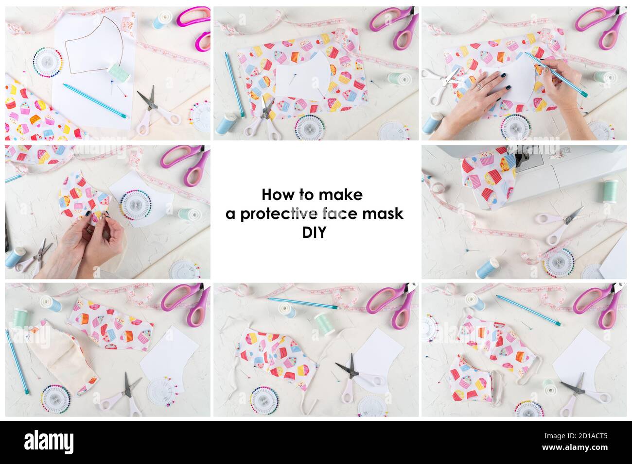 Instructions pour la fabrication d'un masque facial de protection. Créer un  masque de couture, instructions étape par étape. Masque fait à la main.  Outils et matériaux de couture pour masque anti-virus. Zéro