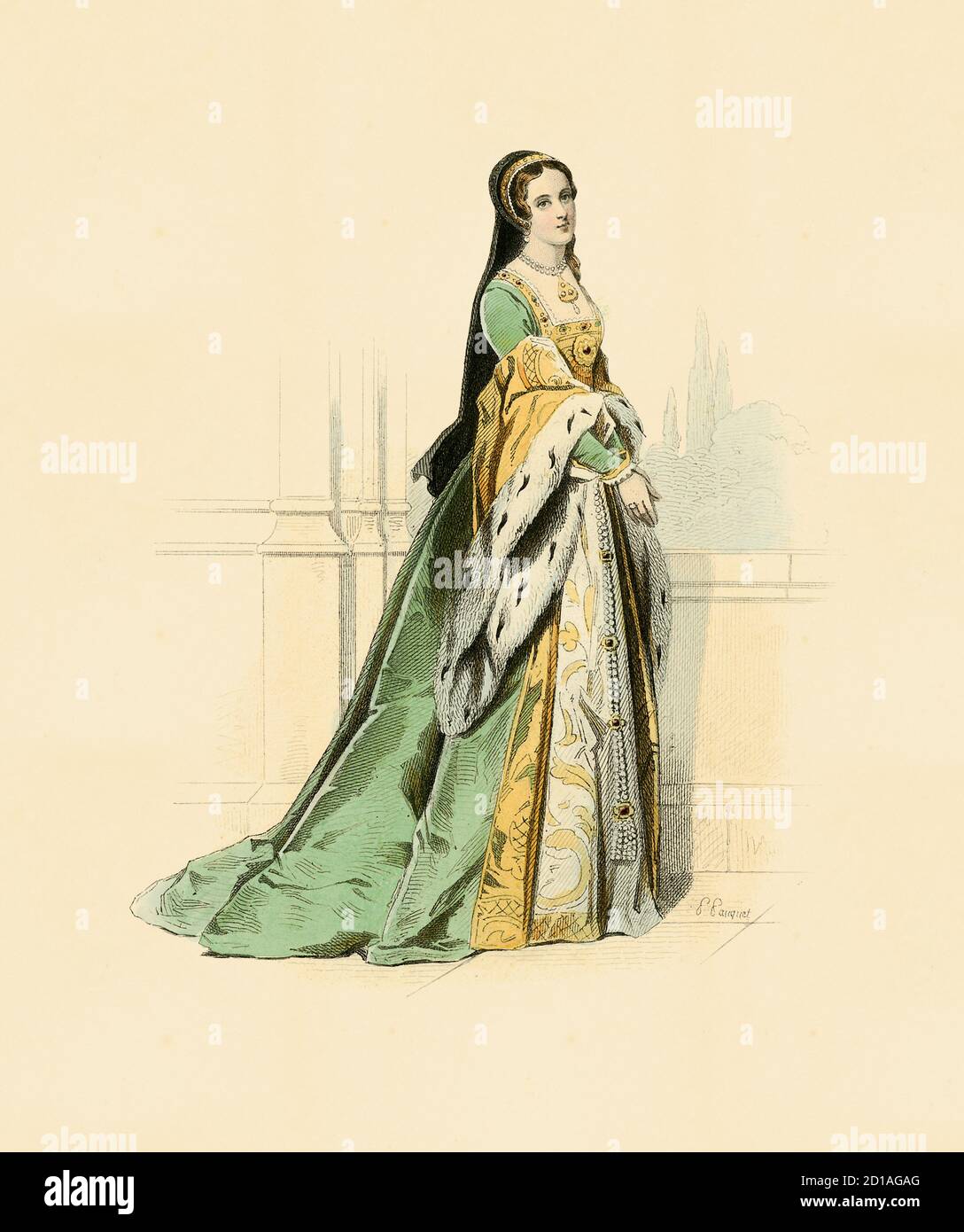 Portrait de Lady Jane Grey, gravure de H. Pauquet, de couleur main. Elle était une noble anglaise qui a occupé le trône anglais du 10 juillet au 19 juillet Banque D'Images