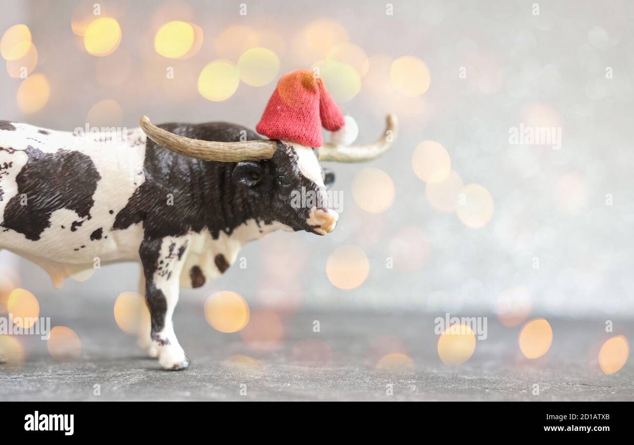 2021 année du boeuf ou taureau. affiche de la nouvelle année avec taureau jouet en chapeau rouge lumières défocused ou bokeh. concept de la bonne année. mise au point sélective. Banque D'Images