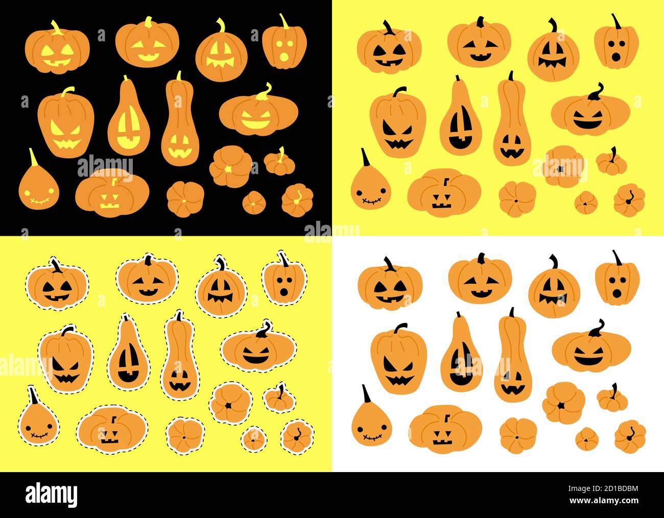 Ensemble d'illustrations vectorielles isolées. Autocollants pour le motif Halloween. Citrouilles brillantes. Collection de lanternes à citrouille. Orange effrayant, souriant, drôle Illustration de Vecteur