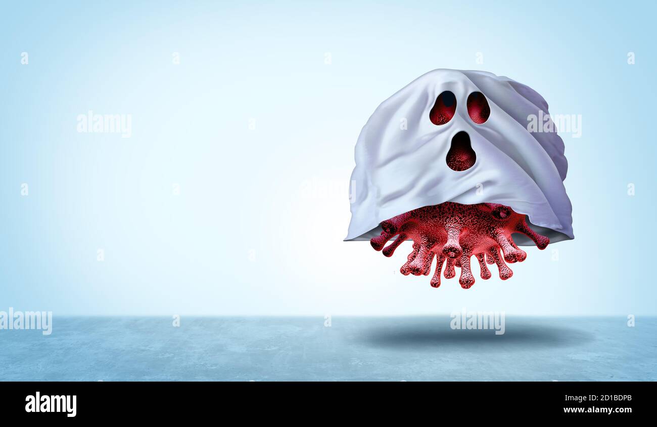 Arrière-plan fantôme de virus comme un halloween saisonnier risque de santé publique de covid 19 ou coronavirus et symbole de grippe avec éléments de rendu 3D. Banque D'Images