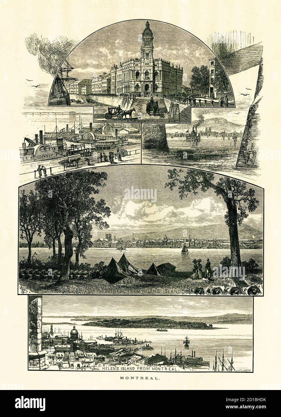 Gravure du XIXe siècle représentant des scènes de Montréal, la plus grande ville de la province de Québec, le Canada. Illustration publiée dans la pittoresque Ameri Banque D'Images